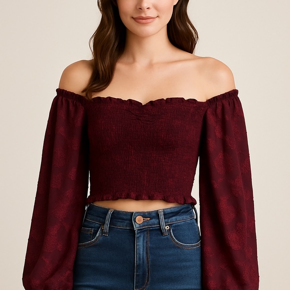 Altar'd State Tops - Altar’d State XS Burgundy Smocked Crop Top with Sheer Puff Sleeves